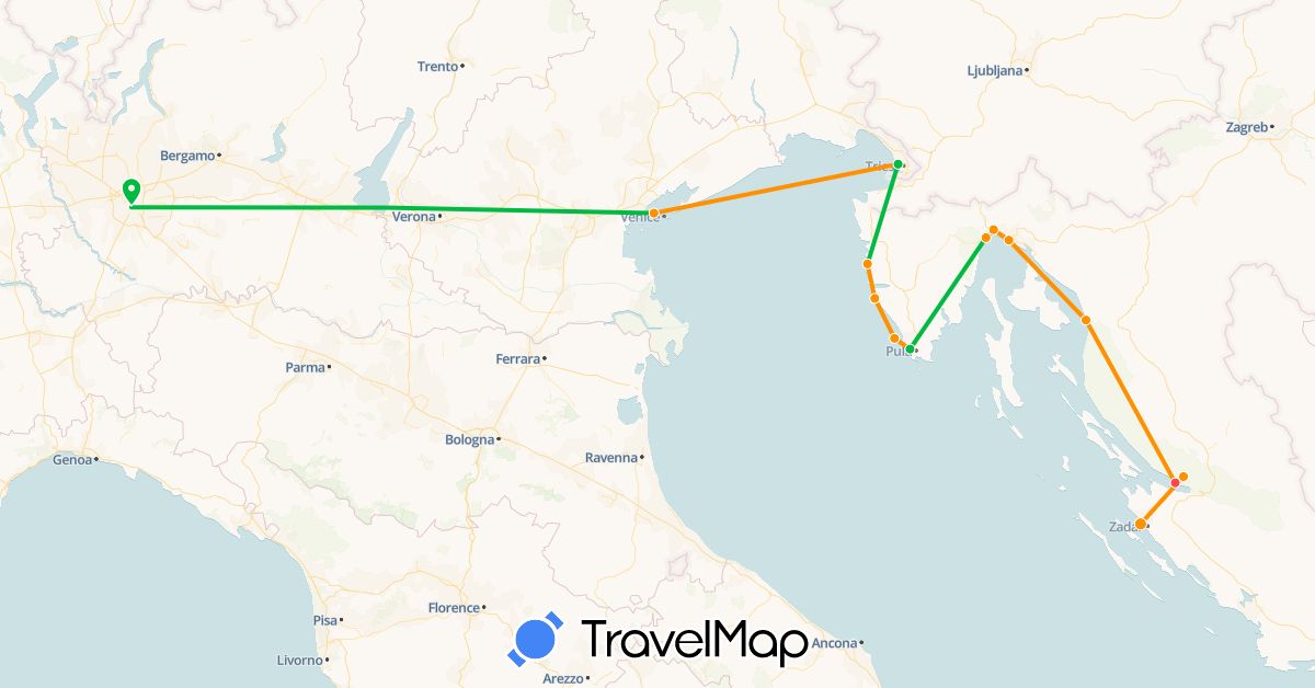 TravelMap itinerary: bus, plane, hiking, hitchhiking in Croatia, Italy (Europe)